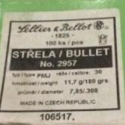Ogives Sellier & Bellot calibre 30 FMJ 180grs x100