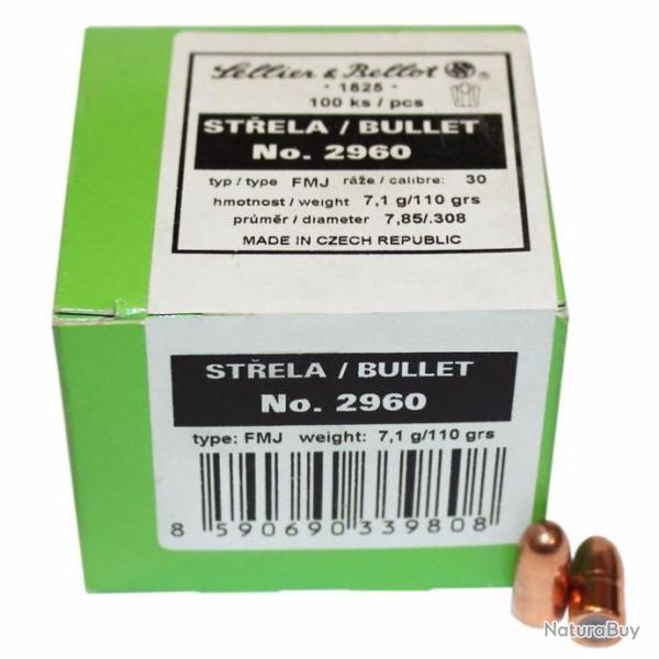 Ogives Sellier & Bellot Calibre 30 110grs FMJ x100 n�2960