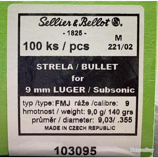 Ogives Sellier & bellot 9mm subsonic 140grs x100