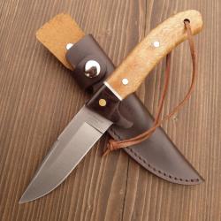 Couteau de Chasse Haller - Lame Acier Inox 11cm - Manche en Bois Lamell&eacute; - &Eacute;tui Cuir Brun