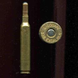.338 EXCALIBUR - RARE - marquage : A-SQUARE .338 Excal - balle cuivre pointe plomb - &eacute;tui de 75.9 mm
