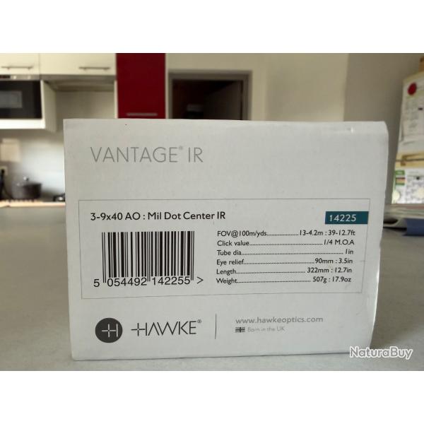 Lunette de tir HAWKE VANTAGE IR  3-9x40 AO Mil DOT Center IR Ref: 14225