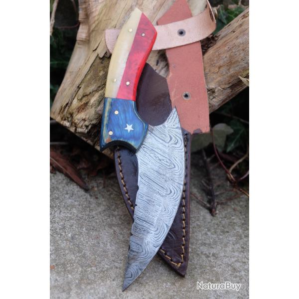Couteau d'Esquimau Inuit Ulu Lame Acier Damas 256 Couches Manche Bois/Os Etui Cuir Fab Artisanale 00