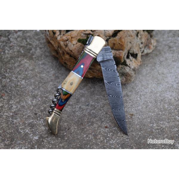 Couteau Damas Lame 128 Couches Fa�on Laguiole Abeille Manche Cocobolo Tire Bouchons Fabr ArtisanaleD