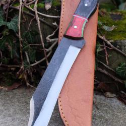 BIG Couteau Buscharft Survie Bowie Lame Clip Point Carbone 1075 Etui Cuir Manche 3 Bois F Artisanale