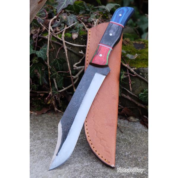 BIG Couteau Buscharft Survie Bowie Lame Clip Point Carbone 1075 Etui Cuir Manche 3 Bois F Artisanale
