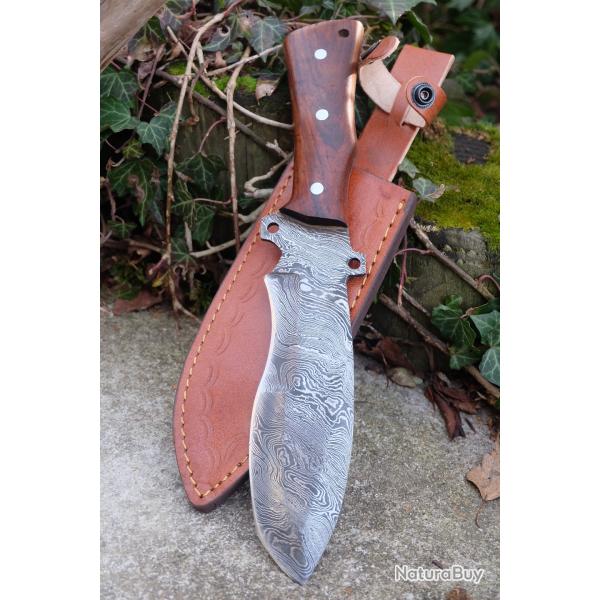 Couteau Bushcraft Survie Damas Lame Parang 256 Couches Manche Bois Fabrication Artisanale Etui Cuir