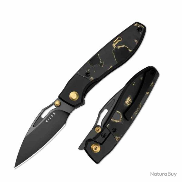 Couteau Kizer Shrike Lame Acier S45VN Manche Titane & Fat Carbon Camo Gold Frame Lock KI3746A2