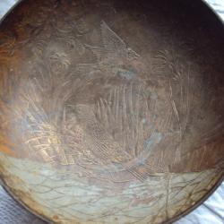 Coupelle fruit cuivre art nouveau  d&eacute;cor oiseaux grives