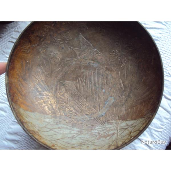 Coupelle fruit cuivre art nouveau  d�cor oiseaux grives