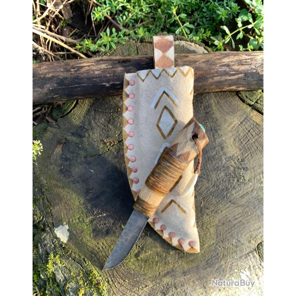 couteau am�rindien d'artisan / manche os de cerf / lame acier carbone 80crv2