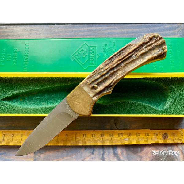 Ancien couteau PUMA SOLINGEN / 4 STARS (1985) / BOIS DE CERF / NEUF + BOITE