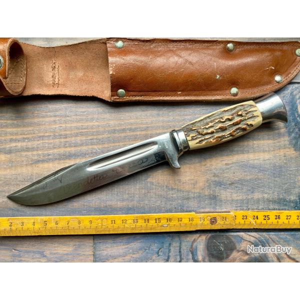POIGNARD Ancien couteau lame grav� fa�on vendetta POIGN�E BOIS DE CERF