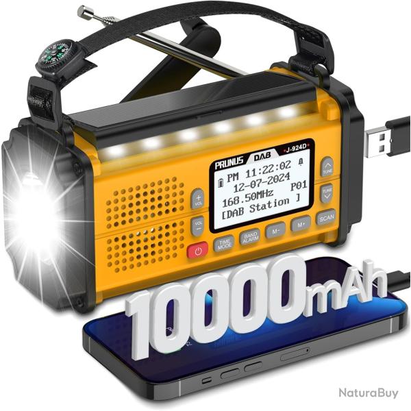 Radio Urgence Dab+ FM Solaire Manivelle Batterie 10000mAh Piles SOS �cran LCD Lampe USB �tanche