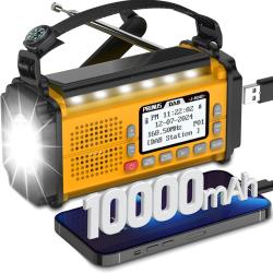Radio Urgence Dab+ FM Solaire Piles Manivelle Batterie 10000mAh&Eacute;cran LCD Lampe USB &Eacute;tanche SOS