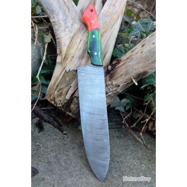 Couteau De Cuisine Style Japonais Lame Acier Damas 256 Couches Manche Bois/R�sine Fabric Artisanale