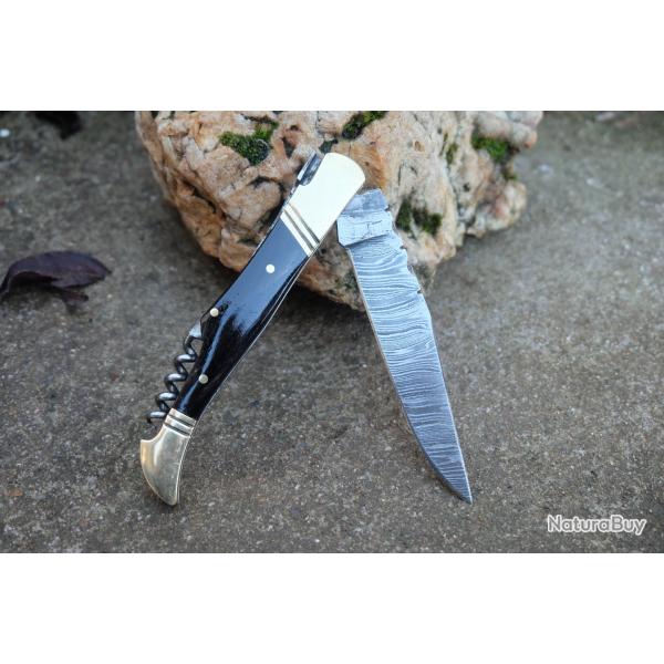 Couteau Damas Lame 128 Couches Fa�on Laguiole Abeille Manche Corne Tire Bouchons F Artisanale 000