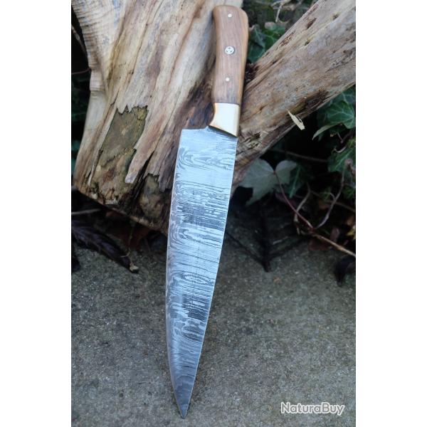 Couteau De Cuisine de Chef Lame Acier Damas 256 Couches Manche Bois/Laiton Fabric Artisanale