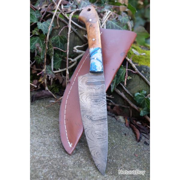 Skinner Couteau de Rando Cuisine Damas Lame 256 Couches Manche Bois/R�sine Fab Artisanale Etui CuirC