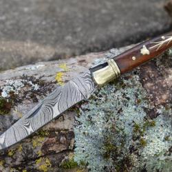 Couteau Damas Lame 128 couches Fa&ccedil;on Laguiole Abeille Manche Bois Fleur Laiton Fabric Artisanale 000