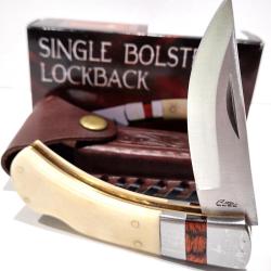 Couteau pliant de chasse/skinner Manche en os blanc, lame acier inoxydable 440 Lockback Etui Cuir
