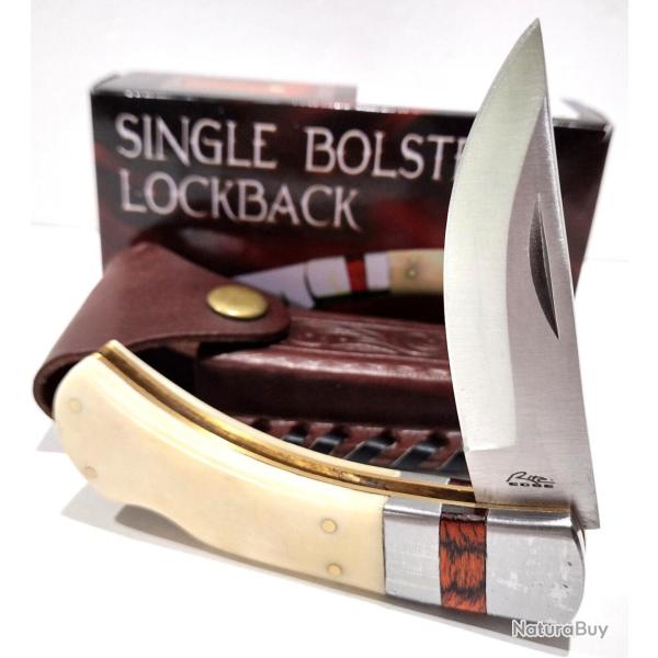 Couteau pliant de chasse/skinner Manche en os blanc, lame acier inoxydable 440 Lockback Etui Cuir