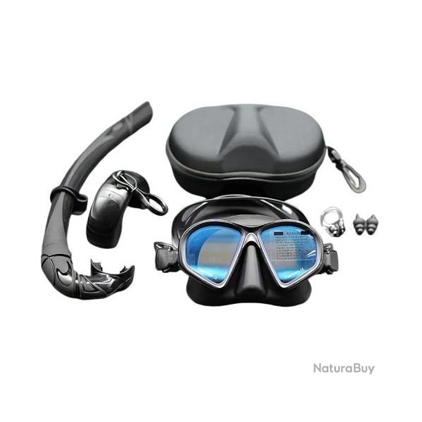 Masque d'Apn�e Verre Tremp� Tuba Snorkeling Adulte Silicone �tanche Chasse Sous-Marine 4 Pi�ces Bleu