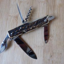 Couteau ancien pliant BARGEON 6 pi&egrave;ces Bois de Cerf Thiers FRANCE TB ETAT