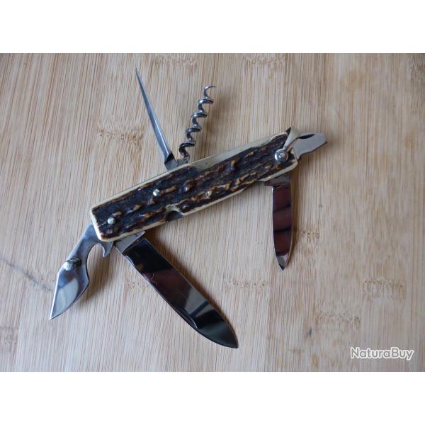 Couteau ancien pliant BARGEON 6 pi�ces Bois de Cerf Thiers FRANCE TB ETAT