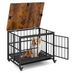 Caisse pour chien pliable 80 x 61 x 64 cm avec plateau amovible et roulettes verrouillables en m&eacute;ta