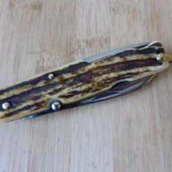 Ancien couteau pliant vintage Tarry LEVIGNE 6 pi&egrave;ces bois de cerf Thiers FRANCE