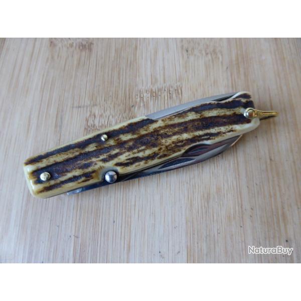 Ancien couteau pliant vintage Tarry LEVIGNE 6 pi�ces bois de cerf Thiers FRANCE