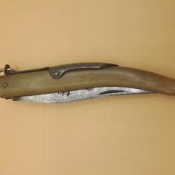 Ancien fort couteau palmaire Tarry Levigne, d&eacute;b. XX&egrave;me, corne, 28cm ouvert