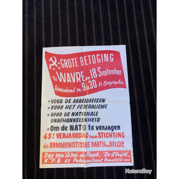 Belle affiche du Parti Communiste Flamand . Metting a  Wavre .