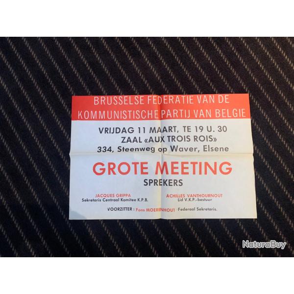 Belle affiche ancienne du Parti Communiste Flamand . Metting Bruxelles