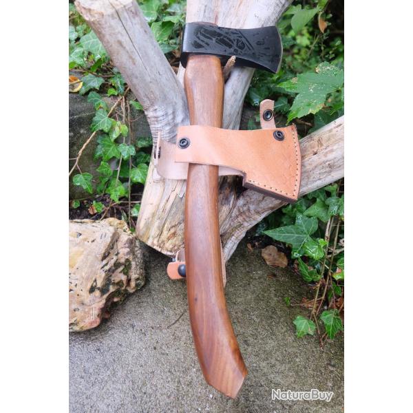 Hache Survie Bushcraft Lame Acier Carbone 1055 Manche Bois Etui Cuir Outlast Alaska