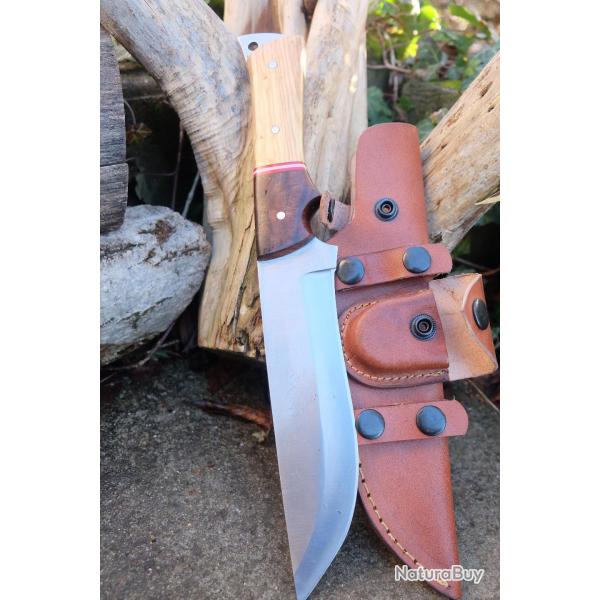 Couteau de Chasse Survie Buschraft Lame Carbone 1055 Manche Bois Etui Cuir Fabrication Artisanale