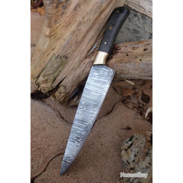 Couteau De Cuisine de Chef Lame Acier Damas 256 Couches Manche Micarta/Laiton Fabric Artisanale01
