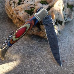 Couteau Damas Lame 128 Couches Fa&ccedil;on Laguiole Abeille Manche Arlequin Tire Bouchons Fab Artisanale 1