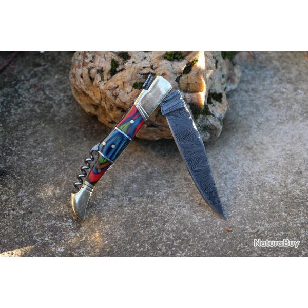 Couteau Damas Lame 128 Couches Fa�on Laguiole Abeille Manche 3 Bois Tire Bouchons Fabr Artisanale