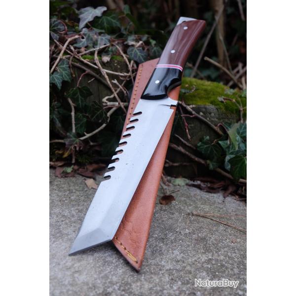 Couteau Mini Katana Tanto Lame Acier Carbone 1055 Manche R�sine Etui Cuir Fabrication Artisanale