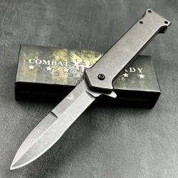 Couteau Combat Ready Stiletto Linerlock Lame Baionette Acier 440 Manche Acier Clip