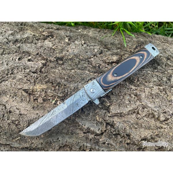 Couteau pliant assist� tanto marron claire - acier 440 grav� damas - 22 cm