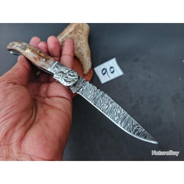 couteau de poche pliant laguiole Fait � Main Lame Acier Damas Manche corne de B�lier 90