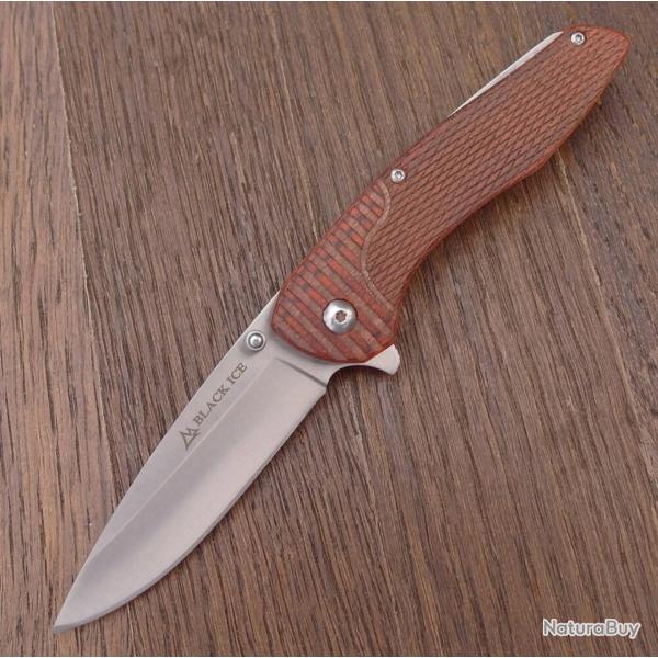 Couteau Pliant Black Ice - Lame Acier 3Cr13 - Manche en Bois Classique