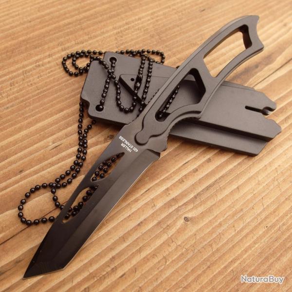 Couteau de Cou Haller Tanto - Acier 420 Noir - �tui Kydex avec Sifflet de Secours