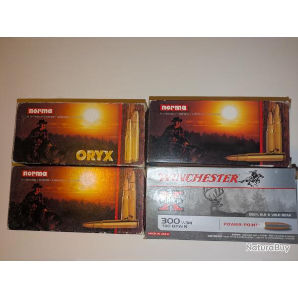 300 WSM : 3 boites de 20 NORMA 180GR SOFT POINT ORYX & 1 boite de 20 WINCHESTER 180 GR POWER POINT