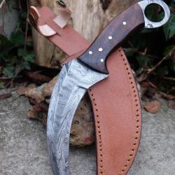 Couteau Karambit Lame Acier Damas 256 Couches Manche Bois de Rose Etui Cuir Fabr Artisanale 001