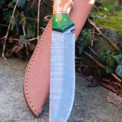 Couteau Bowie De Chasse Manche 3 Bois Lame Drop Point Acier Damas 256 Couches Etui Cuir F Artisanale