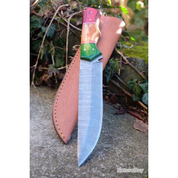 Couteau Bowie De Chasse Manche 3 Bois Lame Drop Point Acier Damas 256 Couches Etui Cuir F Artisanale